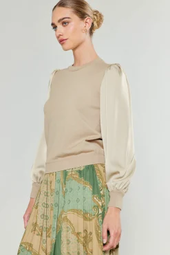 Current Air Knitwear | Sweaters-Ribbed Contrast Sleeve Sweater BEIGE
