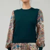 Current Air Knitwear | Sweaters-Ribbed Contrast Sleeve top GREENMLT
