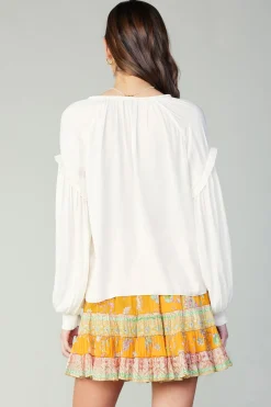 Current Air Long Sleeve Tops-Rope Trim Neckline Blouse CREAM