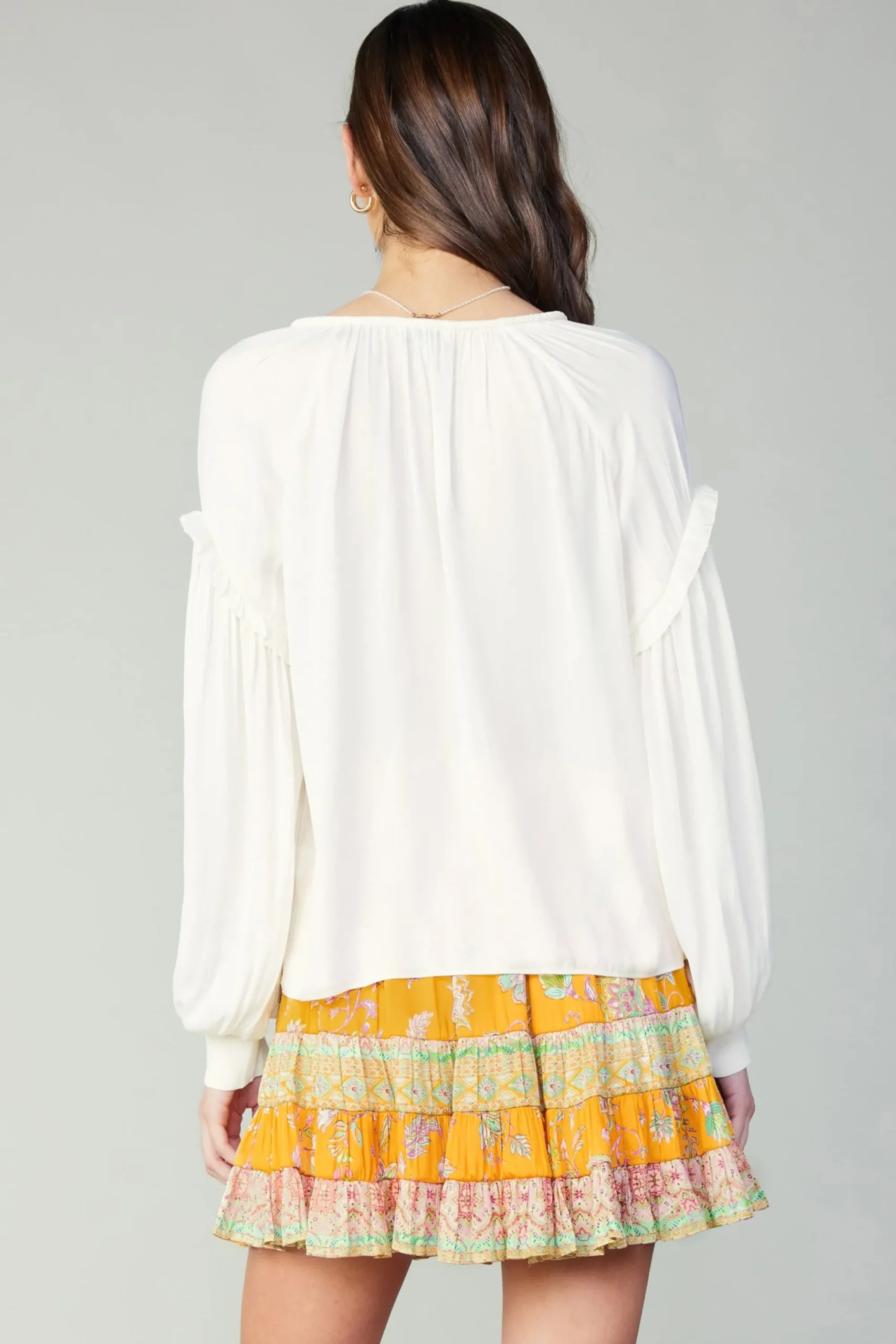 Current Air Long Sleeve Tops-Rope Trim Neckline Blouse CREAM
