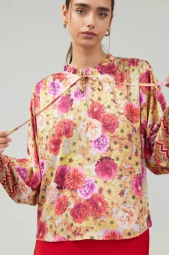 Current Air Long Sleeve Tops-Rosette Patterned Blouse YELLOWREDMLT