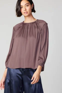 Current Air Long Sleeve Tops-Round Neck Ruffled Top MAUVEBROWN