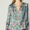 Current Air Long Sleeve Tops-Ruffle Trim Blouse GREENFLORALMLT