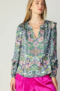 Current Air Long Sleeve Tops-Ruffle Trim Blouse GREENFLORALMLT