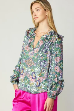 Current Air Long Sleeve Tops-Ruffle Trim Blouse GREENFLORALMLT