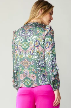 Current Air Long Sleeve Tops-Ruffle Trim Blouse GREENFLORALMLT