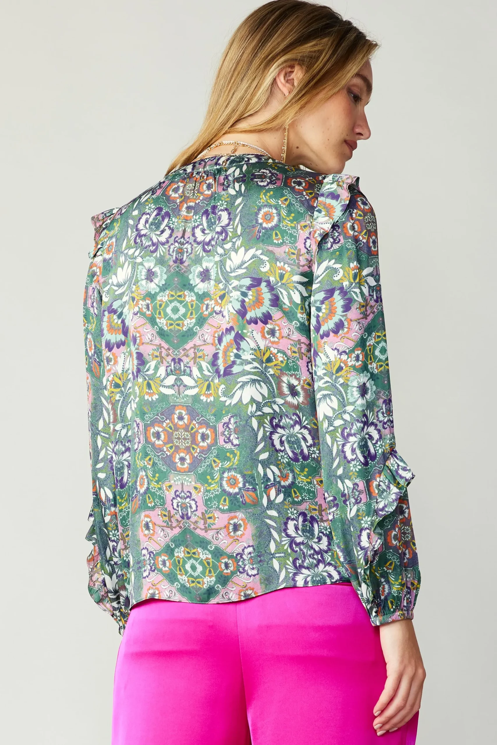 Current Air Long Sleeve Tops-Ruffle Trim Blouse GREENFLORALMLT