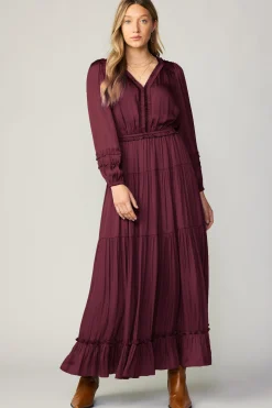 Current Air Maxi Dresses-Ruffle Trim Maxi Dress WINE