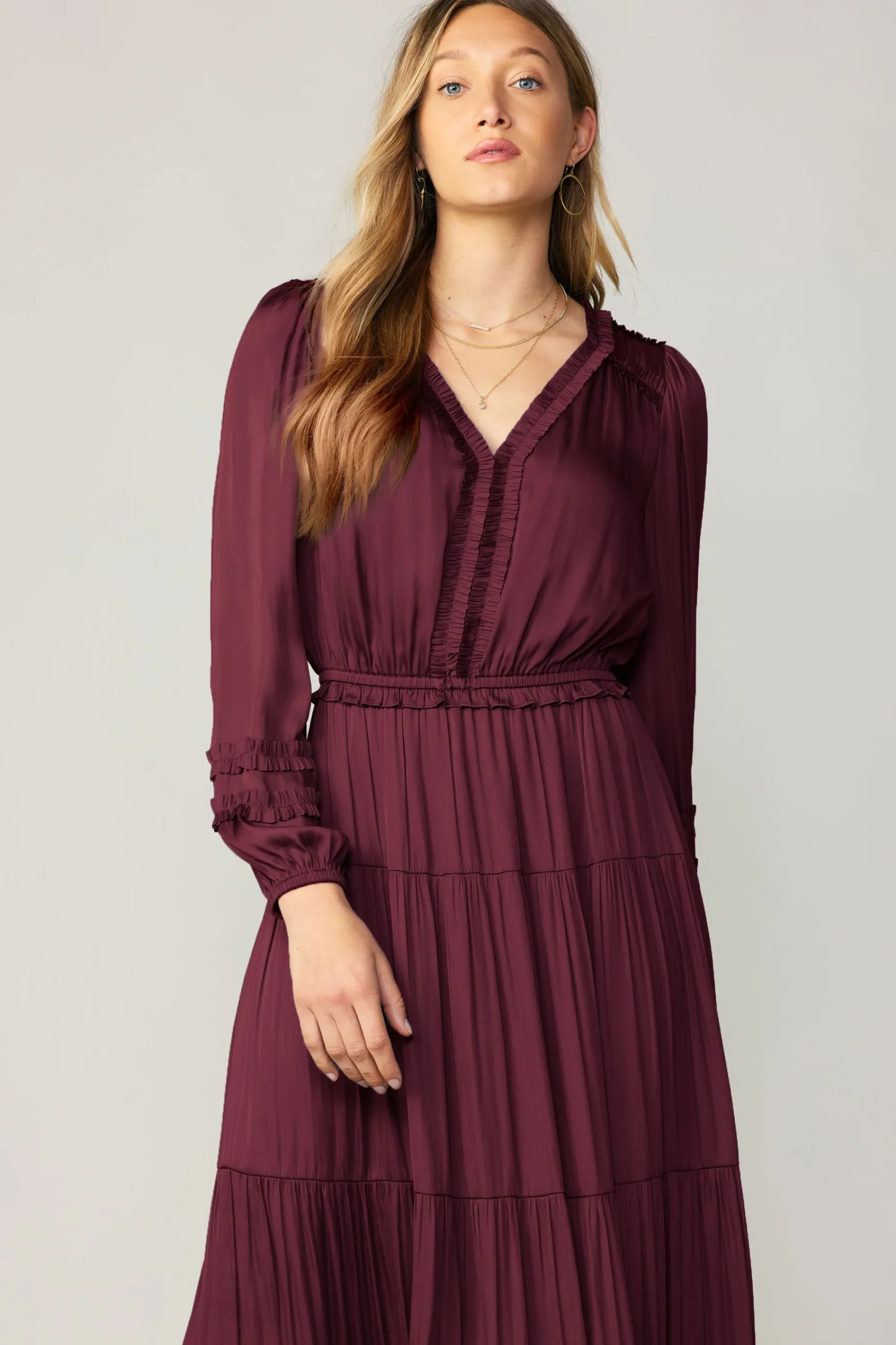 Current Air Maxi Dresses-Ruffle Trim Maxi Dress WINE