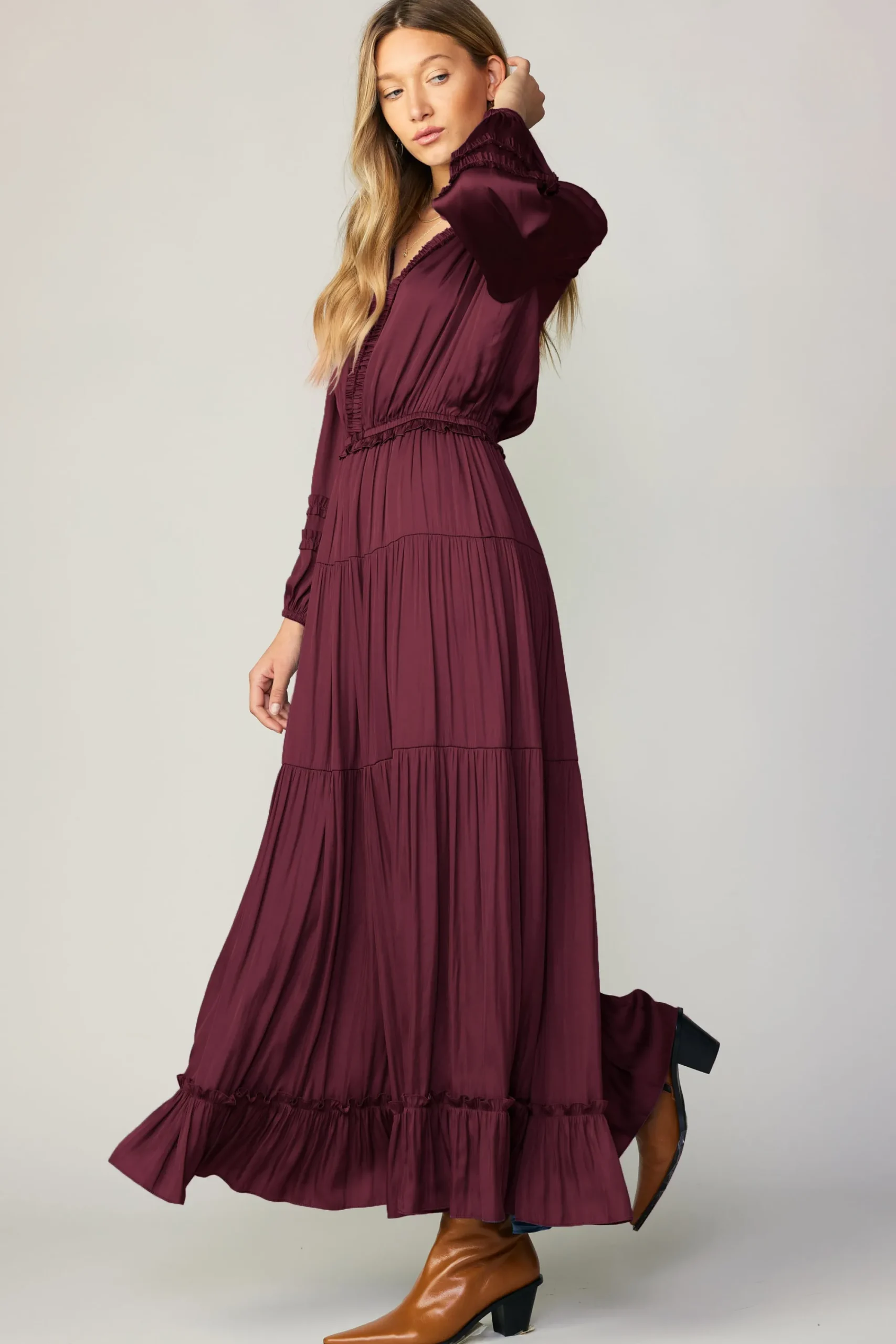 Current Air Maxi Dresses-Ruffle Trim Maxi Dress WINE