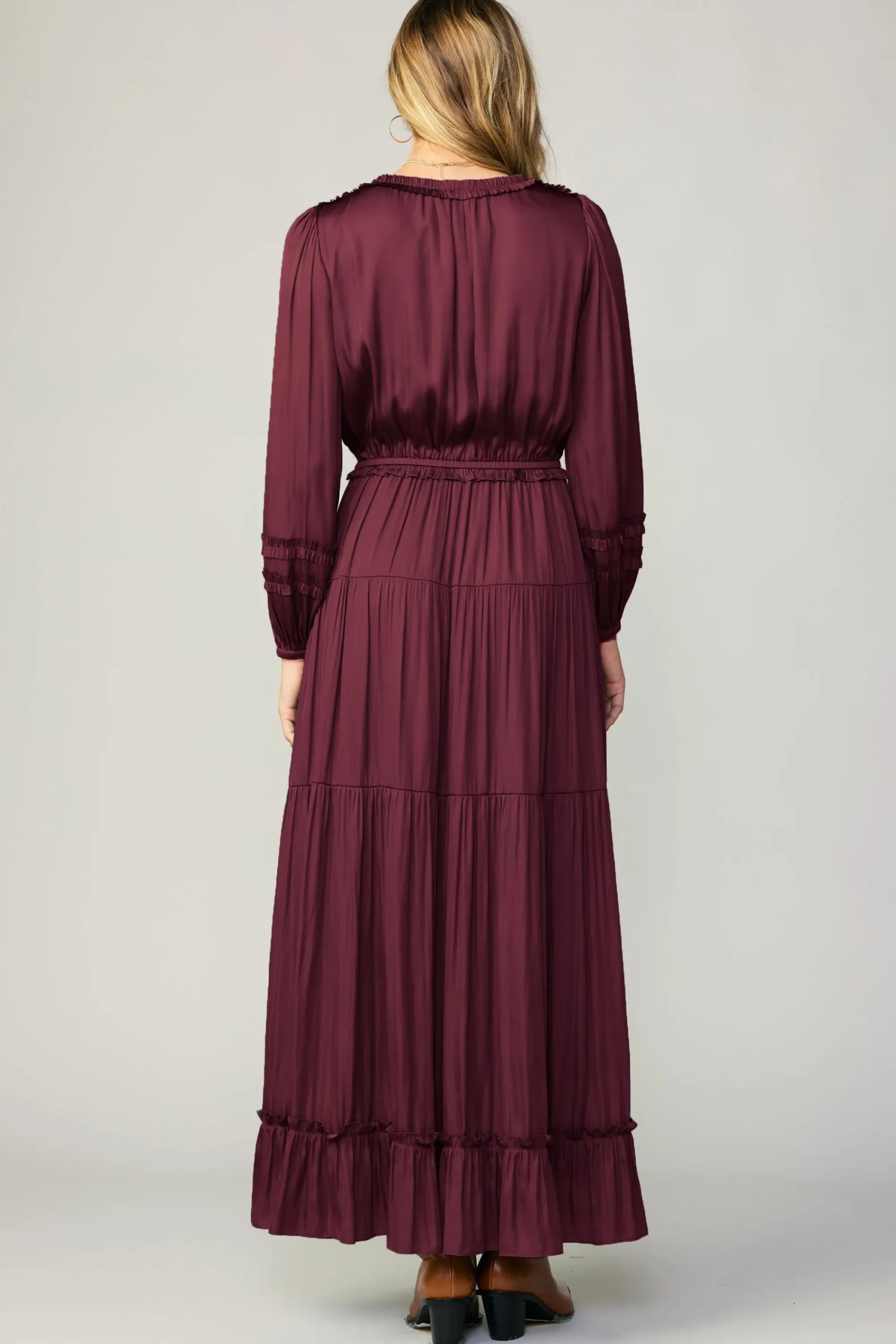 Current Air Maxi Dresses-Ruffle Trim Maxi Dress WINE