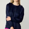 Current Air Long Sleeve Tops-Ruffled Crewneck Blouse NAVY