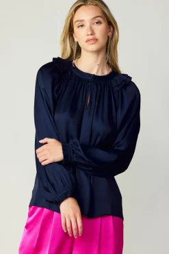 Current Air Long Sleeve Tops-Ruffled Crewneck Blouse NAVY
