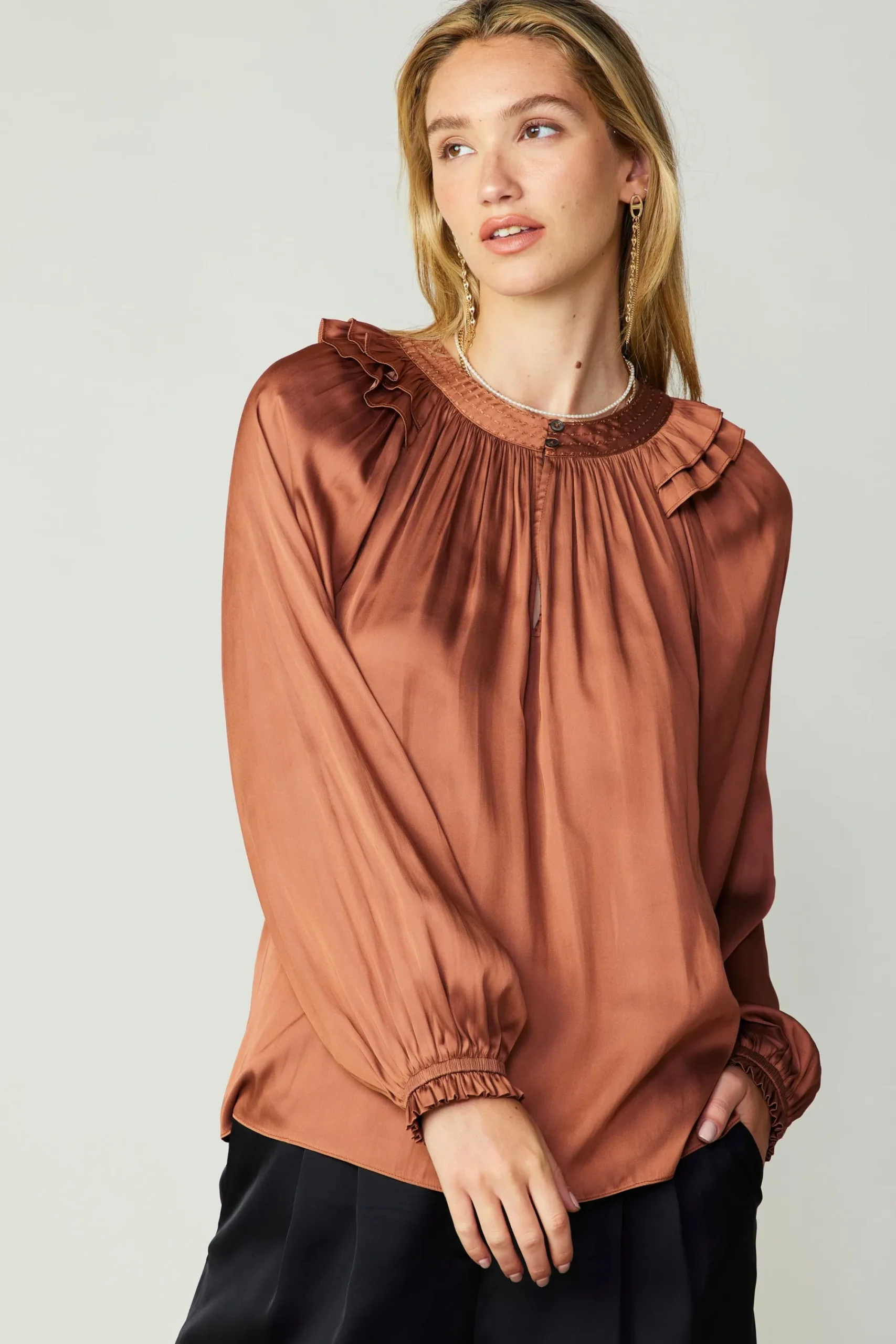 Current Air Long Sleeve Tops-Ruffled Crewneck Blouse AUTUMNCLAY