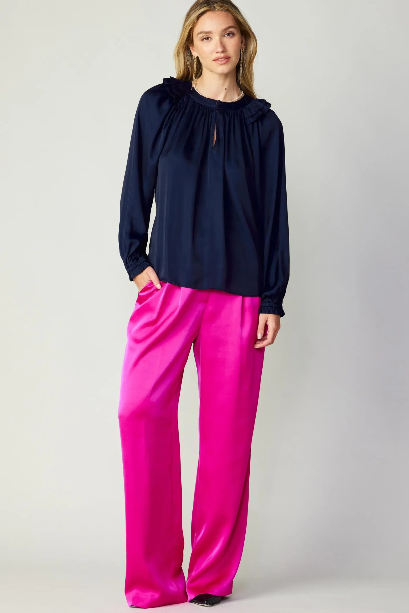 Current Air Long Sleeve Tops-Ruffled Crewneck Blouse NAVY