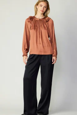 Current Air Long Sleeve Tops-Ruffled Crewneck Blouse AUTUMNCLAY