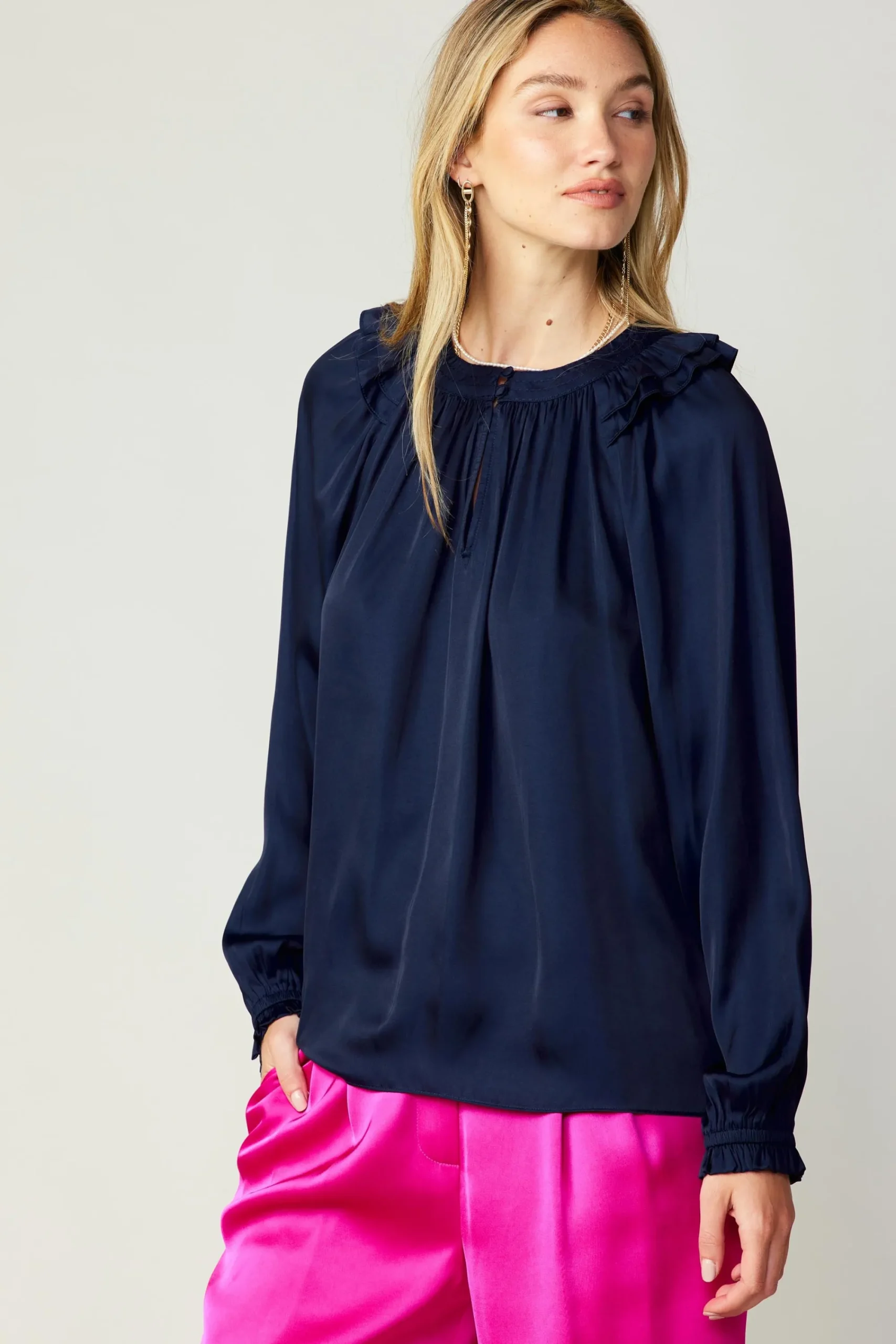 Current Air Long Sleeve Tops-Ruffled Crewneck Blouse NAVY