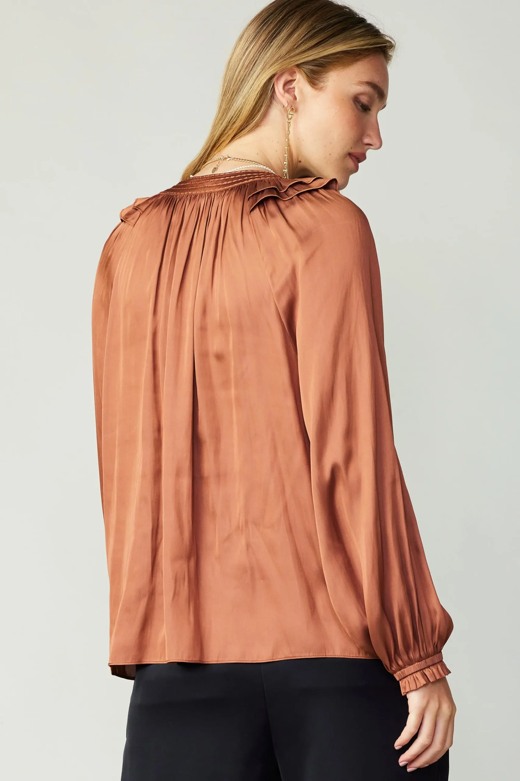 Current Air Long Sleeve Tops-Ruffled Crewneck Blouse AUTUMNCLAY
