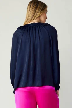 Current Air Long Sleeve Tops-Ruffled Crewneck Blouse NAVY