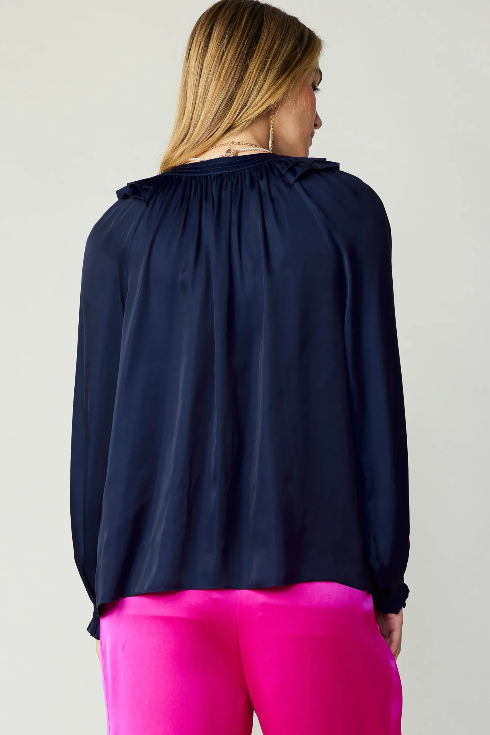 Current Air Long Sleeve Tops-Ruffled Crewneck Blouse NAVY