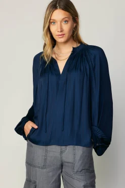 Current Air Long Sleeve Tops-Ruffled Cuff Blouse NAVY