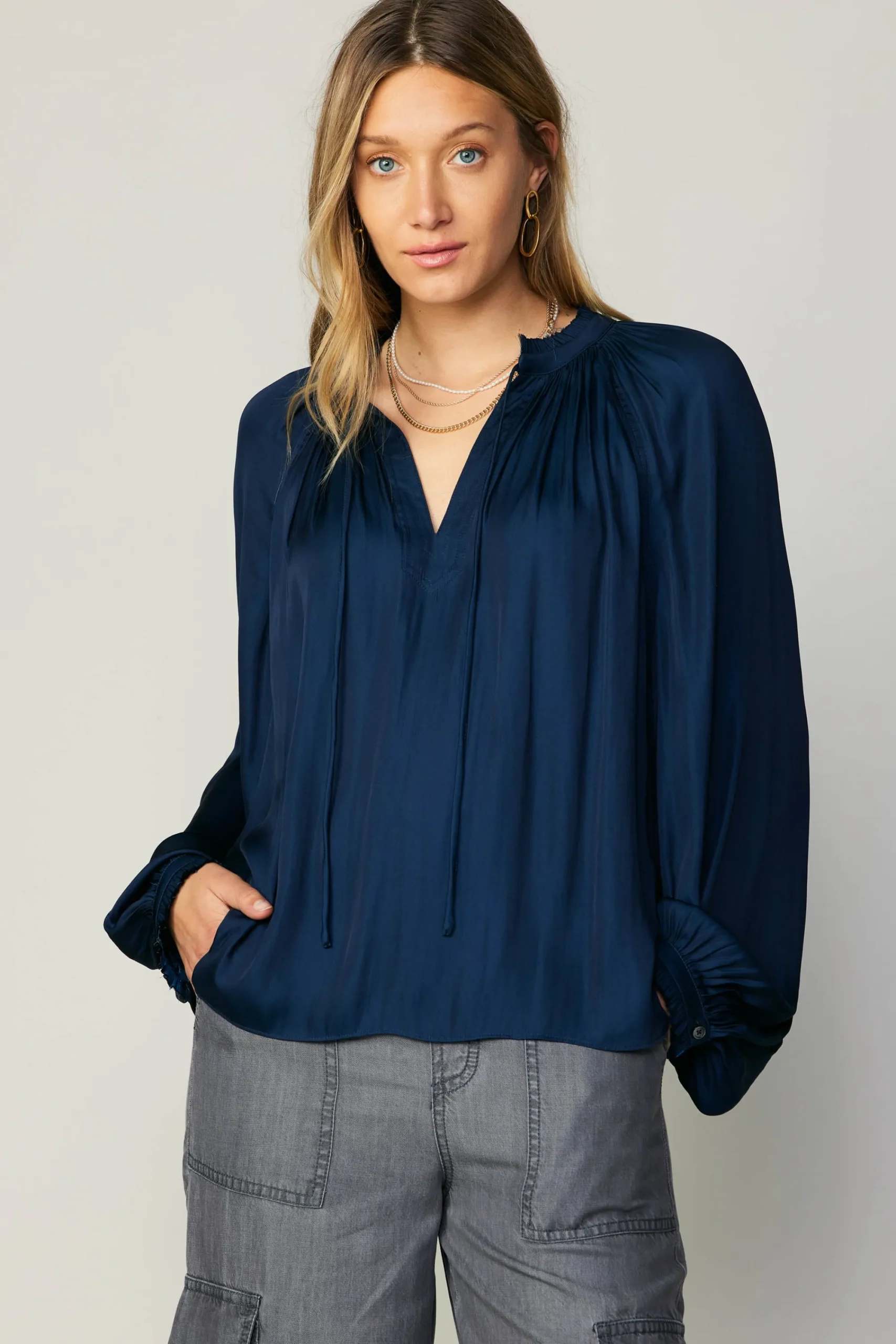 Current Air Long Sleeve Tops-Ruffled Cuff Blouse NAVY