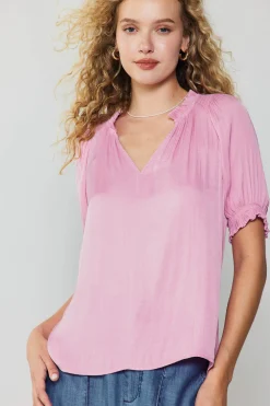 Current Air Short Sleeve Tops-Ruffled Cuff Blouse PASTELPINK