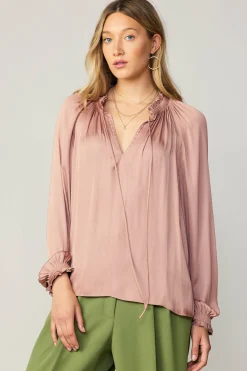 Current Air Long Sleeve Tops-Ruffled Cuff Blouse MAUVE