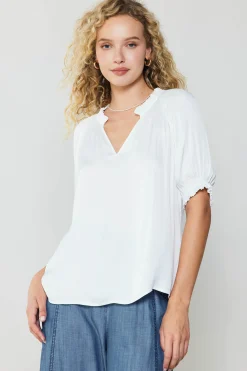 Current Air Short Sleeve Tops-Ruffled Cuff Blouse WHITE