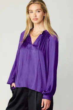 Current Air Long Sleeve Tops-Ruffled Cuff Blouse SPACEPURPLE