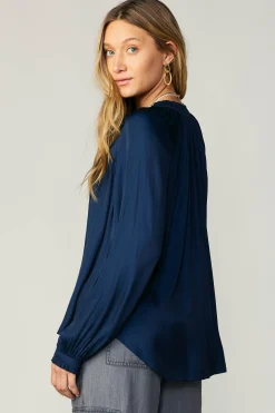 Current Air Long Sleeve Tops-Ruffled Cuff Blouse NAVY
