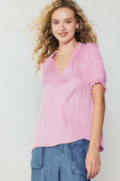 Current Air Short Sleeve Tops-Ruffled Cuff Blouse PASTELPINK