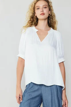 Current Air Short Sleeve Tops-Ruffled Cuff Blouse WHITE