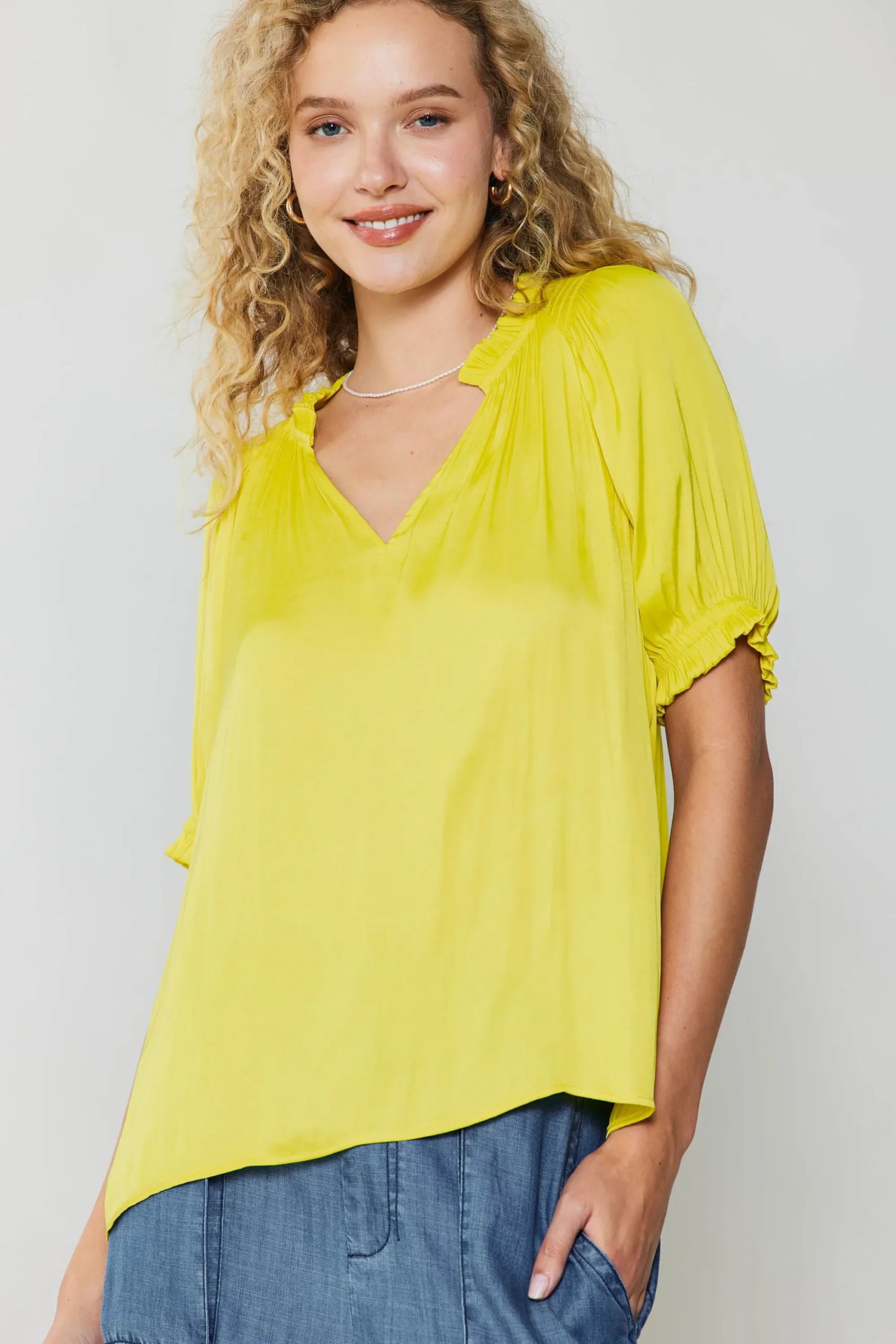 Current Air Short Sleeve Tops-Ruffled Cuff Blouse PINEAPPLE