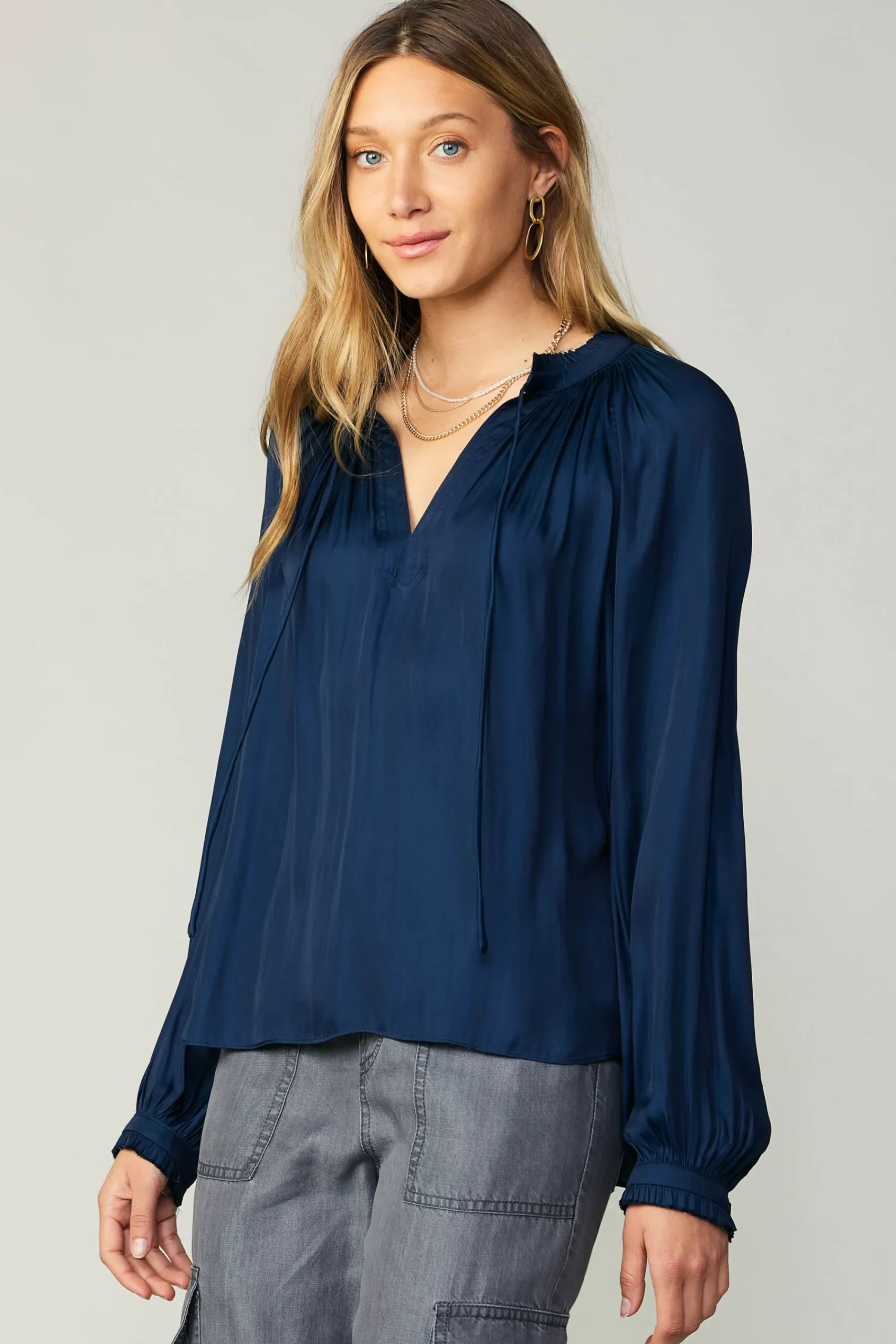 Current Air Long Sleeve Tops-Ruffled Cuff Blouse NAVY