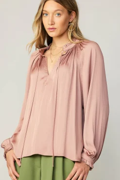 Current Air Long Sleeve Tops-Ruffled Cuff Blouse MAUVE