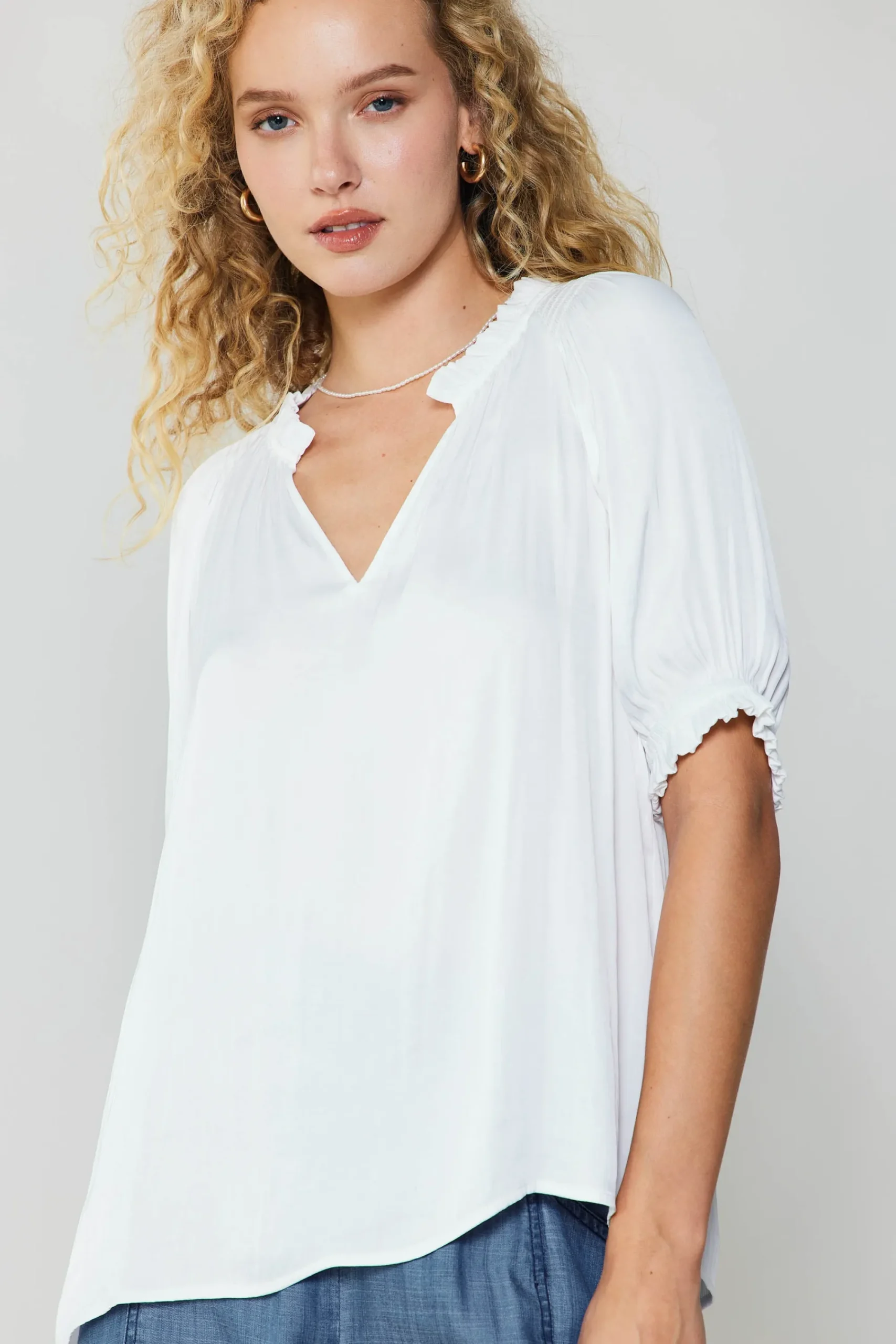 Current Air Short Sleeve Tops-Ruffled Cuff Blouse WHITE