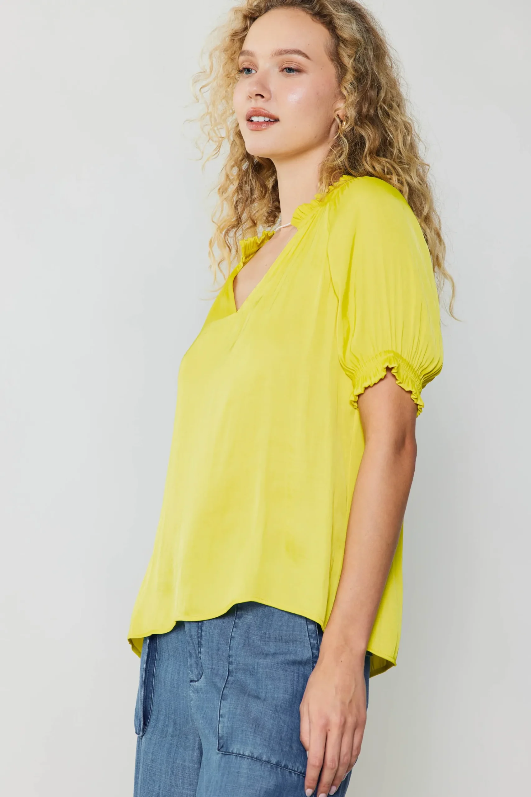 Current Air Short Sleeve Tops-Ruffled Cuff Blouse PINEAPPLE