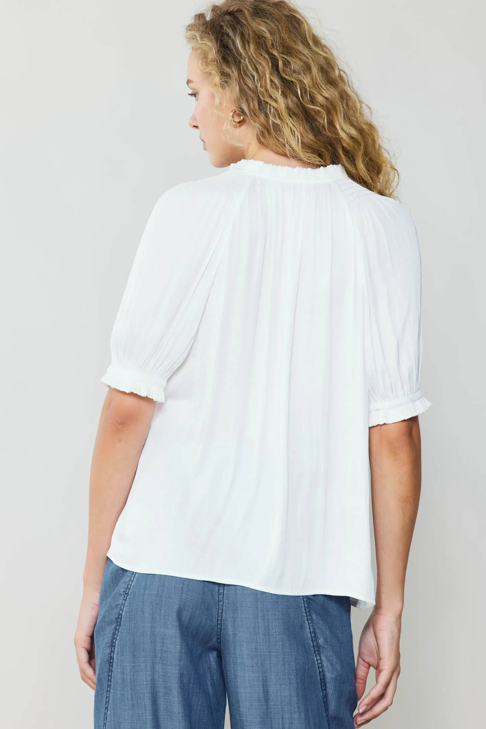 Current Air Short Sleeve Tops-Ruffled Cuff Blouse WHITE