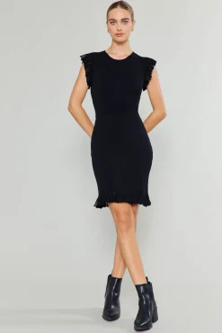 Current Air Knitwear | Mini Dresses-Ruffled Mini Sweater Dress BLACK