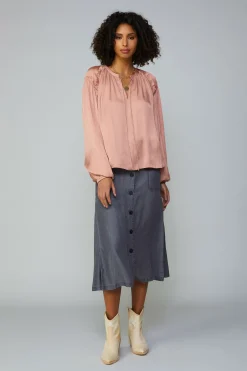 Current Air Long Sleeve Tops-Ruffled Shoulder Blouse DUSTYBLUSH