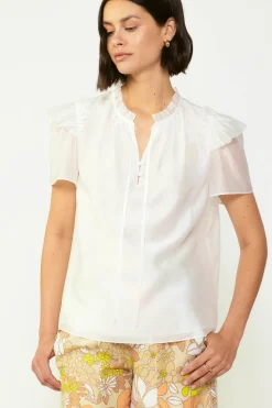 Current Air Short Sleeve Tops-Ruffled Shoulder Blouse WHITE