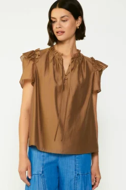 Current Air Short Sleeve Tops-Ruffled Shoulder Blouse BROWN