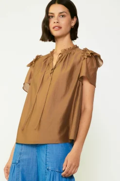 Current Air Short Sleeve Tops-Ruffled Shoulder Blouse BROWN