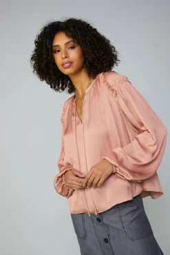 Current Air Long Sleeve Tops-Ruffled Shoulder Blouse DUSTYBLUSH