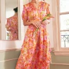 Current Air Midi Dresses-Ruffled Shoulder Floral Midi Dress ORANGEPINK