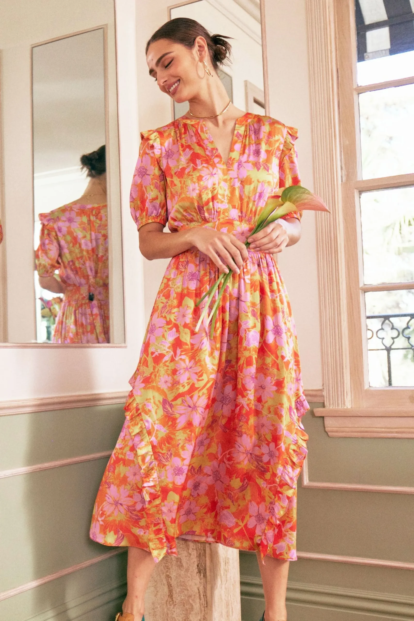 Current Air Midi Dresses-Ruffled Shoulder Floral Midi Dress ORANGEPINK