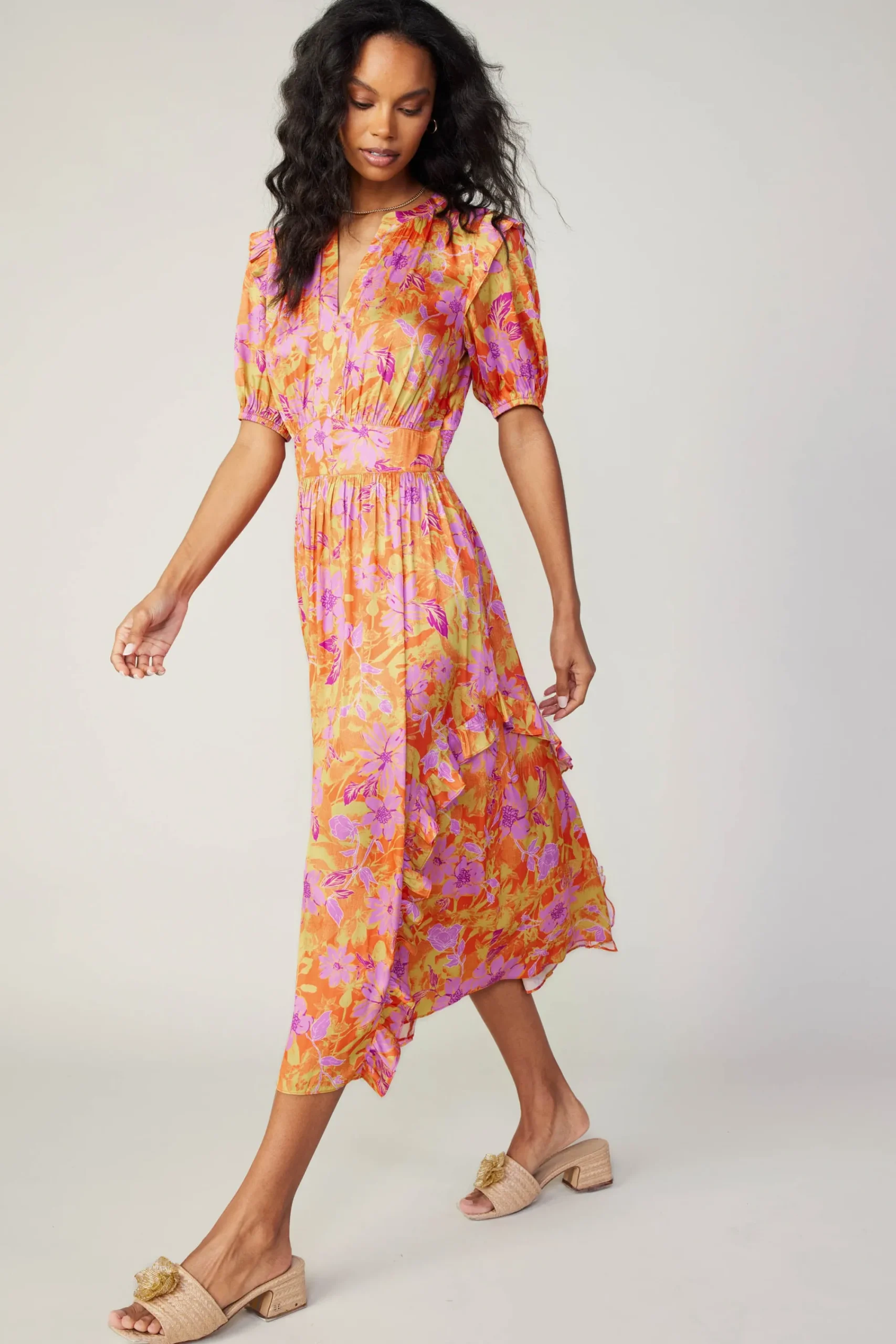 Current Air Midi Dresses-Ruffled Shoulder Floral Midi Dress ORANGEPINK