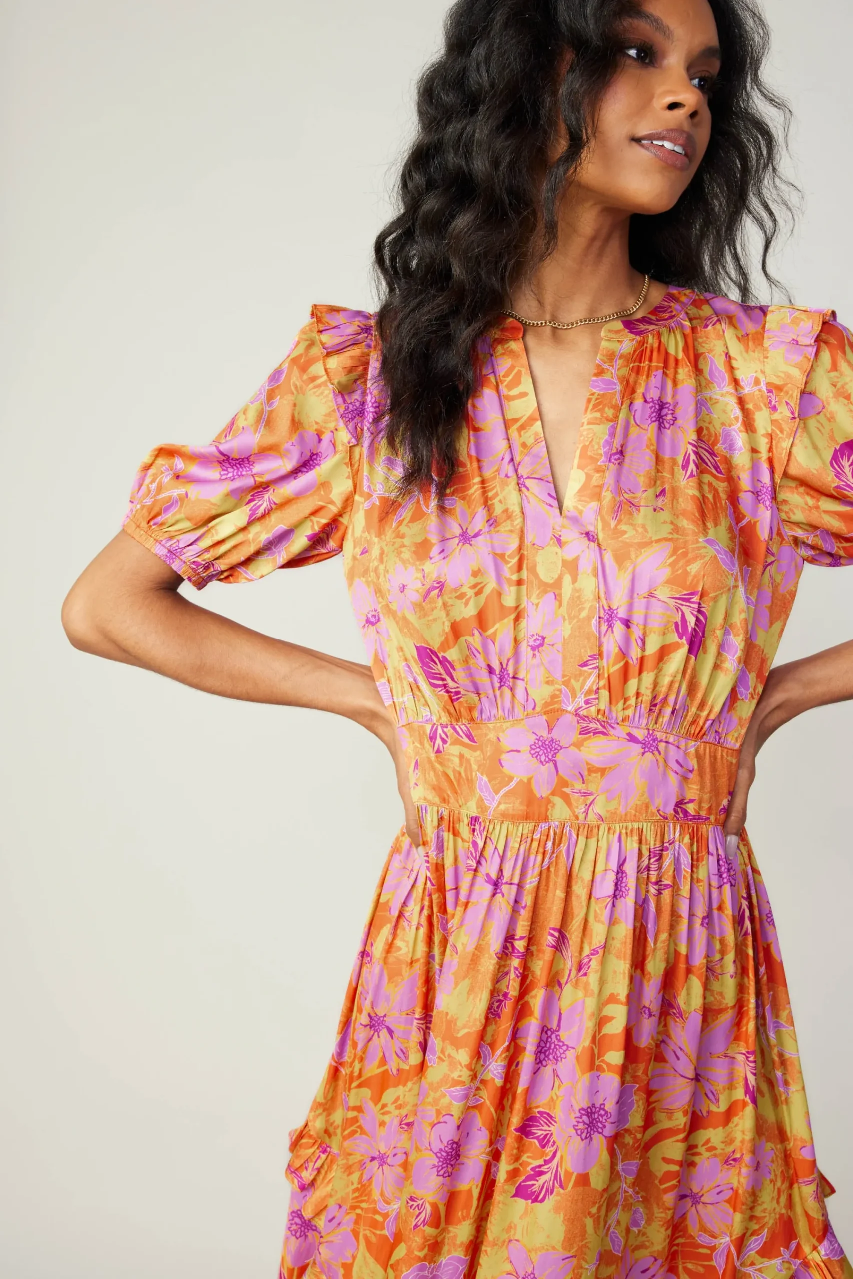 Current Air Midi Dresses-Ruffled Shoulder Floral Midi Dress ORANGEPINK