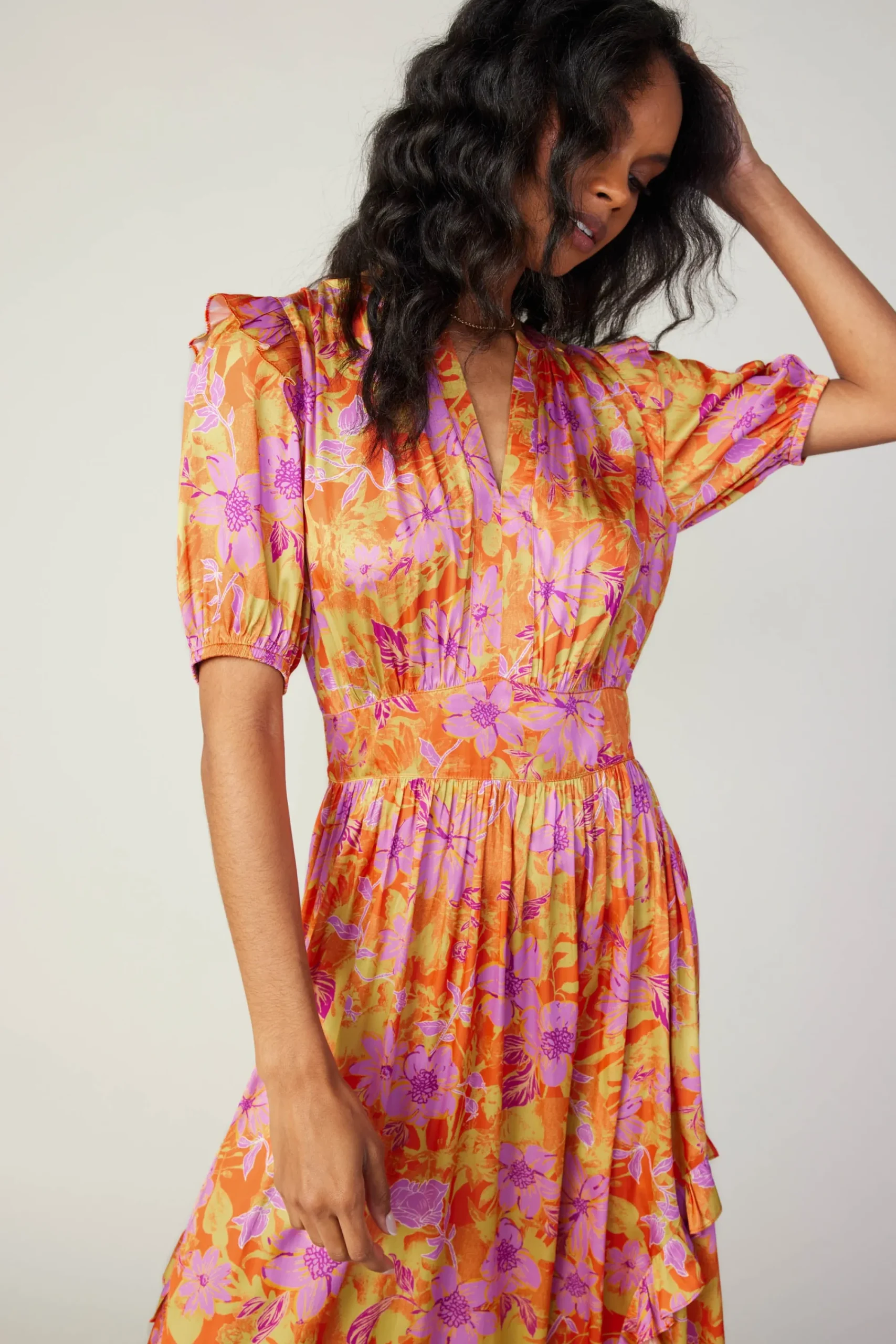 Current Air Midi Dresses-Ruffled Shoulder Floral Midi Dress ORANGEPINK